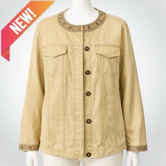 Avenue Khaki Denim Embellished Jewel Neck & Cuff Jacket - Picture 1 of 12